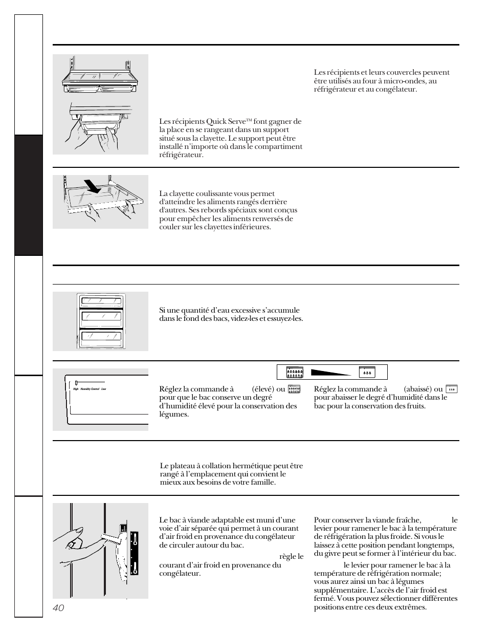 Les clayettes et les récipients du réfrigerateur, Les bacs de rangement | GE 22-27 User Manual | Page 40 / 88