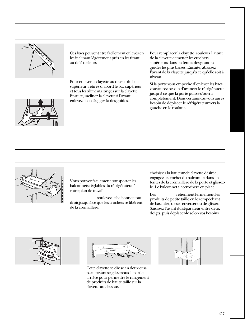 Autres caractéristiques, Enlèvement des bacs de rangement | GE 22-27 User Manual | Page 41 / 88