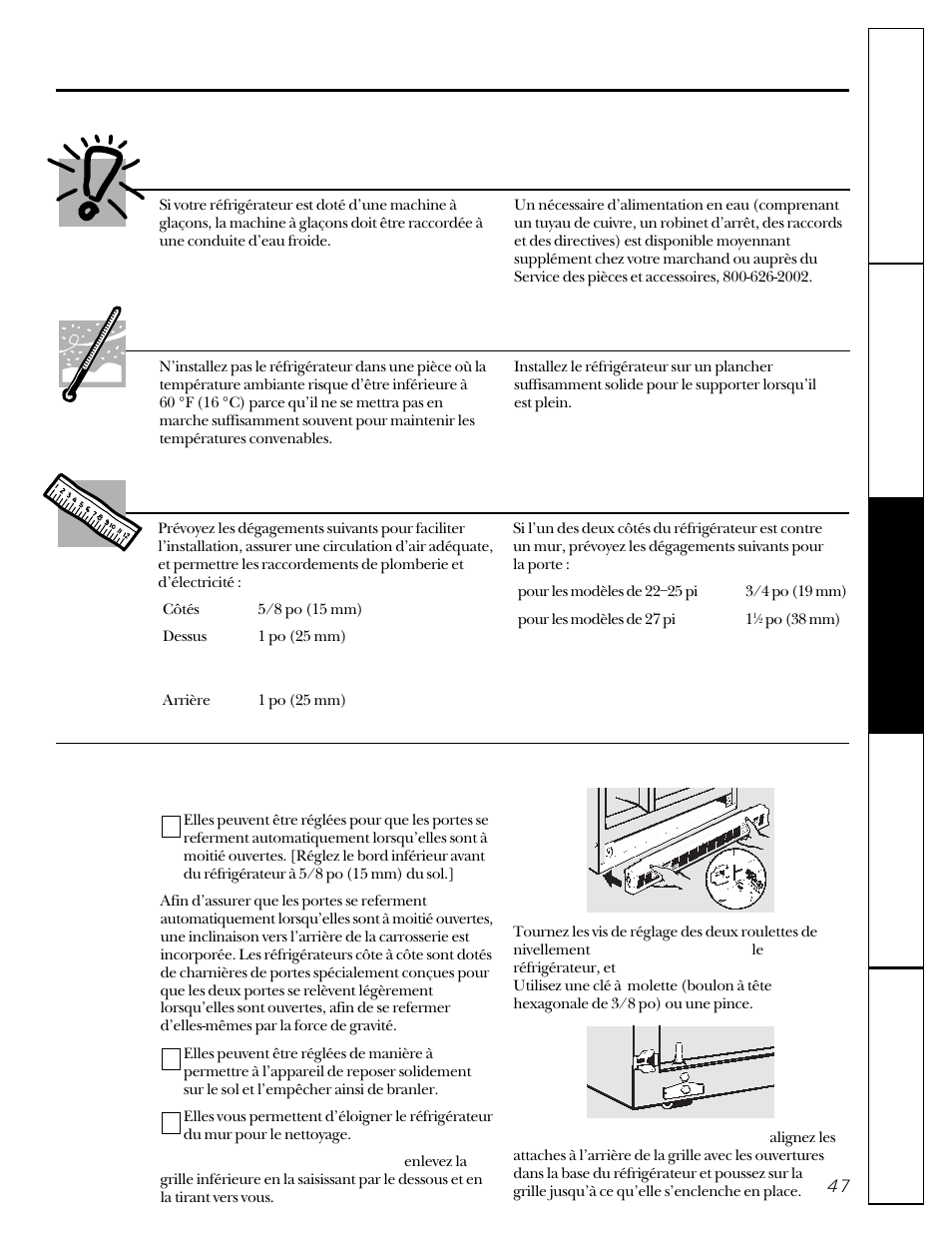 Préparation, Alimentation en eau de la machine à glaçons, Emplacement du réfrigérateur | Dégagements | GE 22-27 User Manual | Page 47 / 88
