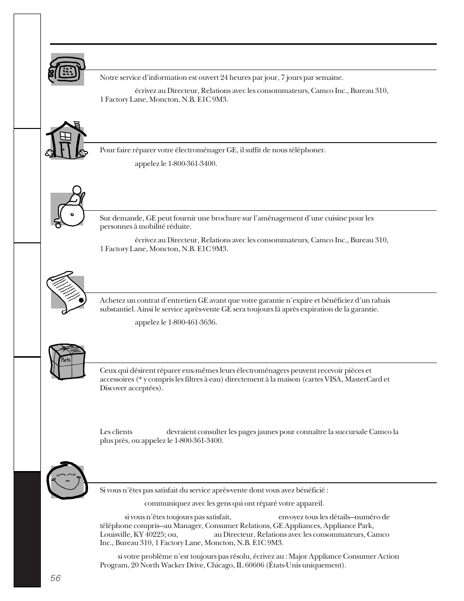 Numéros de service. ge answer center, Réparations à domicile, Pour les besoins particuliers | Contrats d’entretien, Pièces et accessoires, Un service satisfaisant | GE 22-27 User Manual | Page 56 / 88