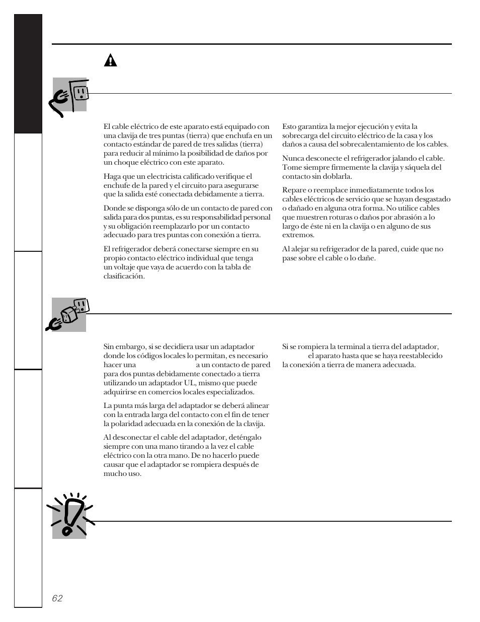 Advertencia, Como conectar la electricidad, Uso de los adaptadores | GE 22-27 User Manual | Page 62 / 88