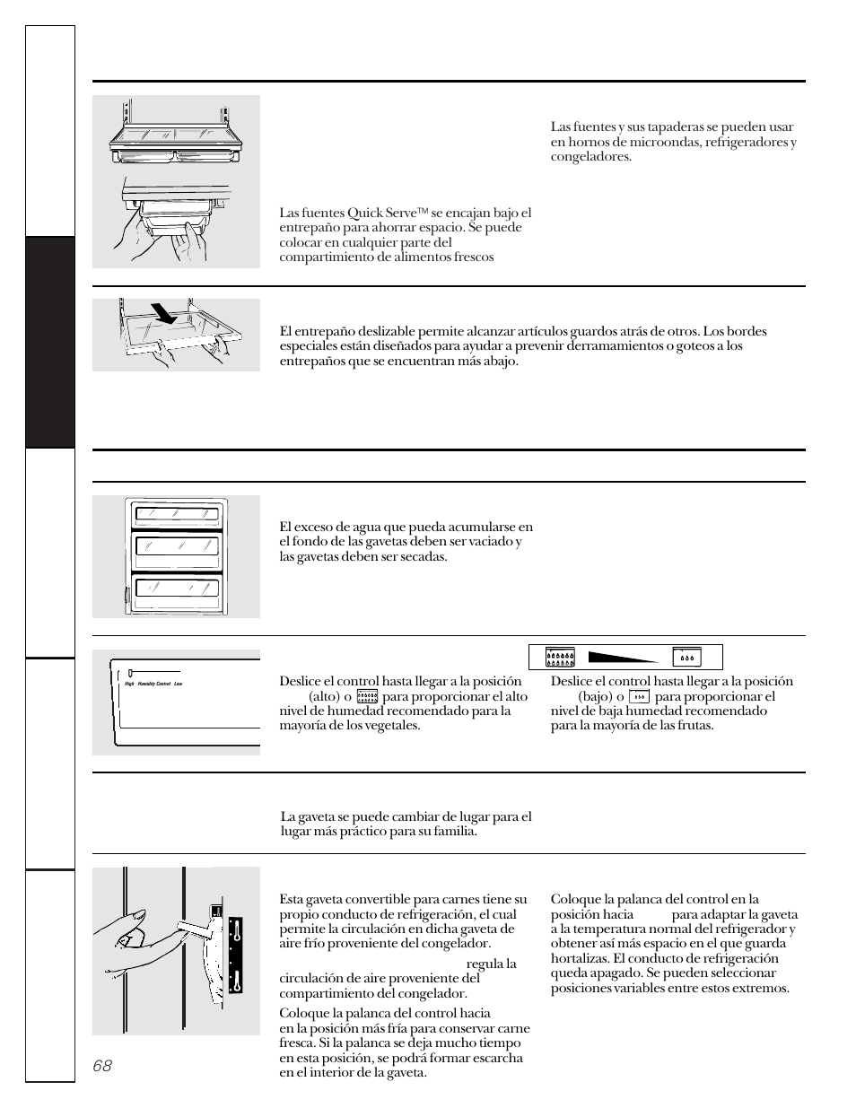Los entrepaños y las fuentes del refrigerador, Gavetas para guardar | GE 22-27 User Manual | Page 68 / 88