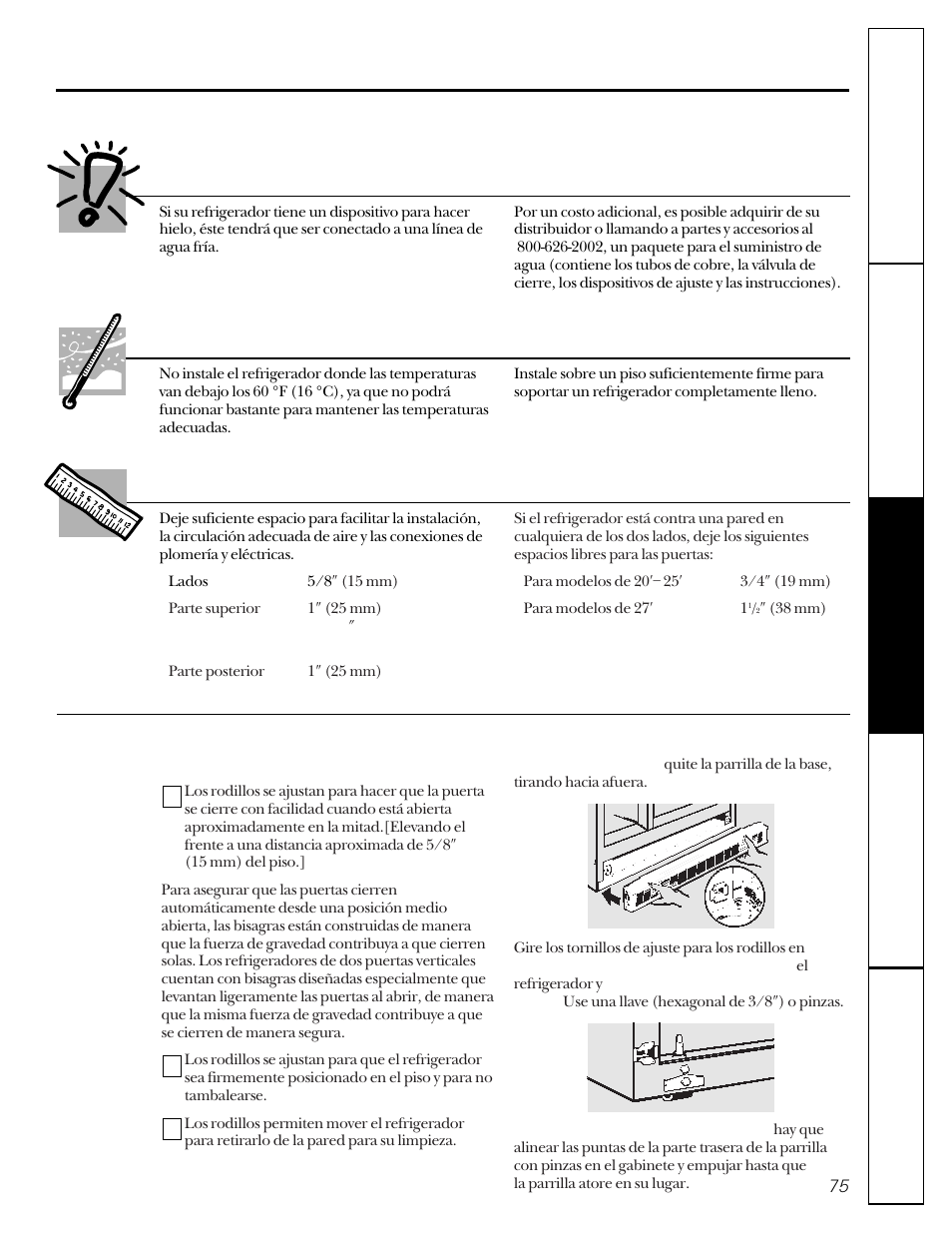 Preparación para instalar el refrigerador, Suministro de agua al dispositivo para hacer hielo, Ubicación del refrigerador | Espacios libres | GE 22-27 User Manual | Page 75 / 88