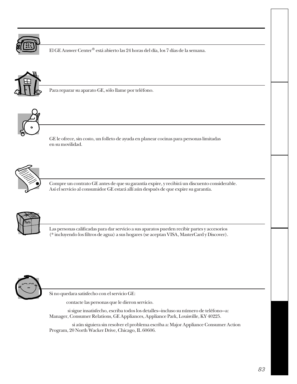 Números de servicio. ge answer center, Reparaciones en su hogar, Necesidades especiales | Contratos de servicio, Partes y accesorios, Servicio satisfactorio | GE 22-27 User Manual | Page 83 / 88