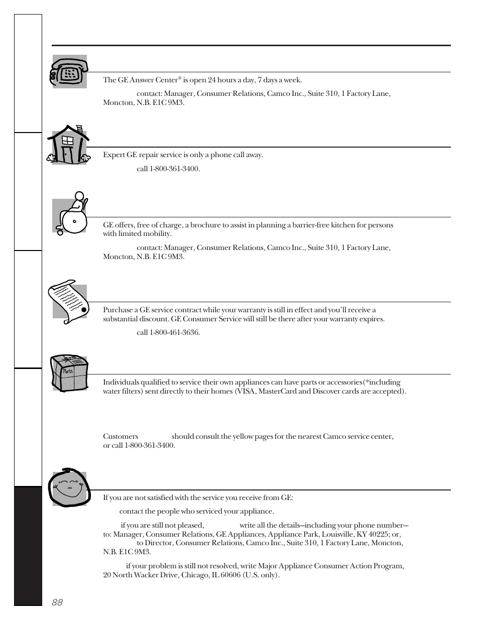 Service telephone numbers, Service telephone numbers ge answer center, In-home repair service | Special needs service, Service contracts, Parts and accessories, Service satisfaction | GE 22-27 User Manual | Page 88 / 88