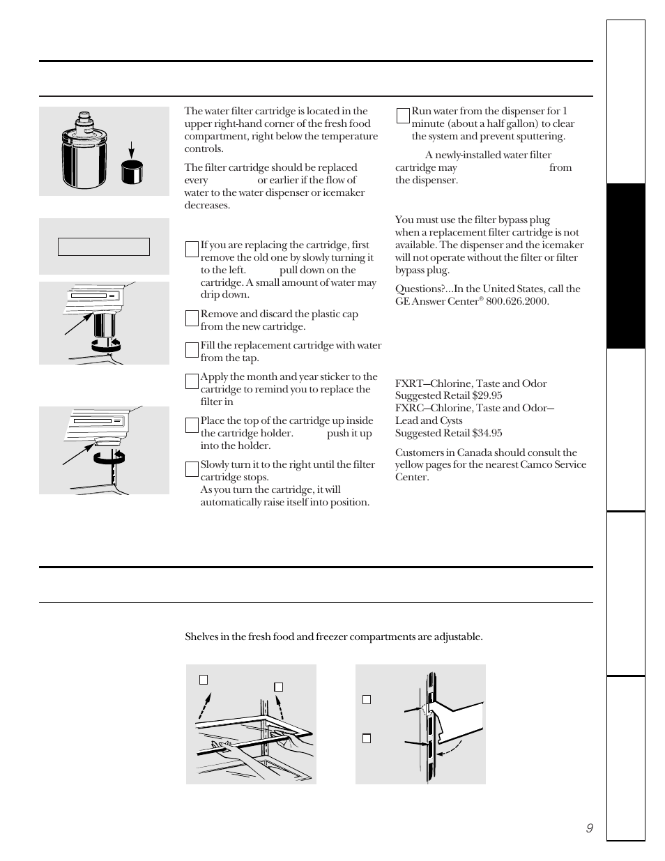 Features, Features –11, About the water filter cartridge | About the refrigerator shelves and dishes | GE 22-27 User Manual | Page 9 / 88