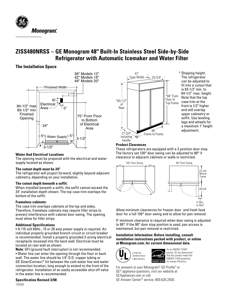 GE ZISS480NRSS User Manual | 2 pages