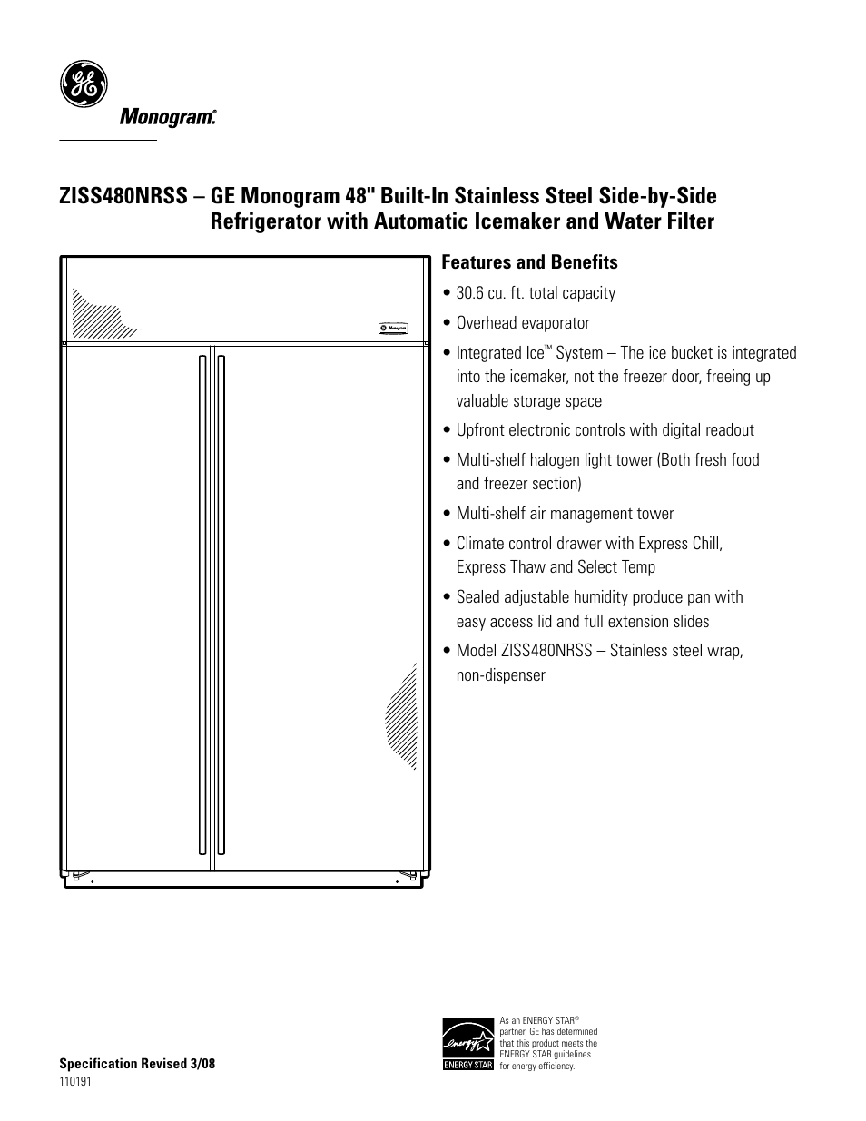 Ziss480nrss, Features and benefits | GE ZISS480NRSS User Manual | Page 2 / 2