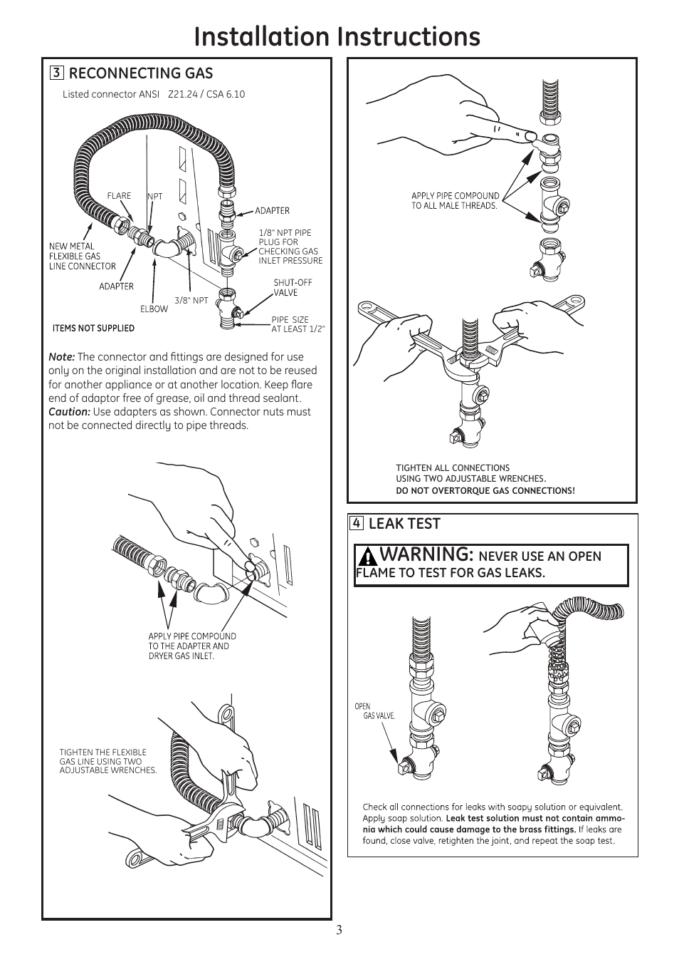 Installation instructions, Warning, Reconnecting gas | Leak test | GE PTDS650GMWT User Manual | Page 3 / 9
