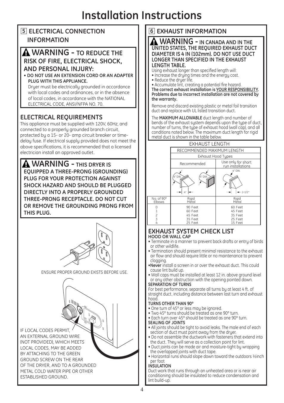 Installation instructions, Warning, Exhaust information exhaust system check list | GE PTDS650GMWT User Manual | Page 4 / 9