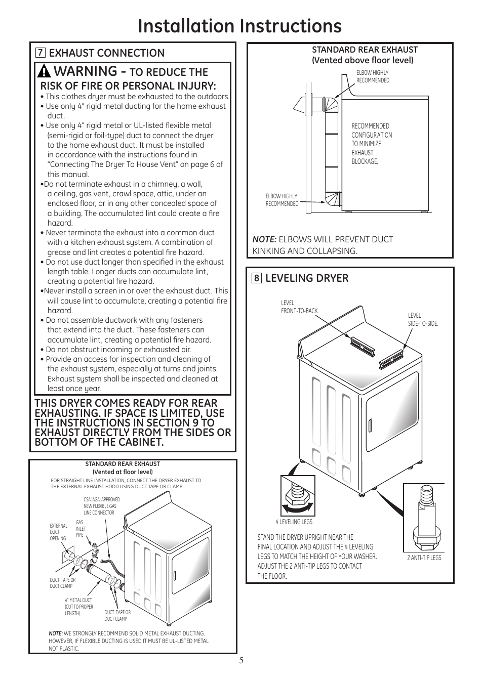 Installation instructions, Warning, Leveling dryer | GE PTDS650GMWT User Manual | Page 5 / 9