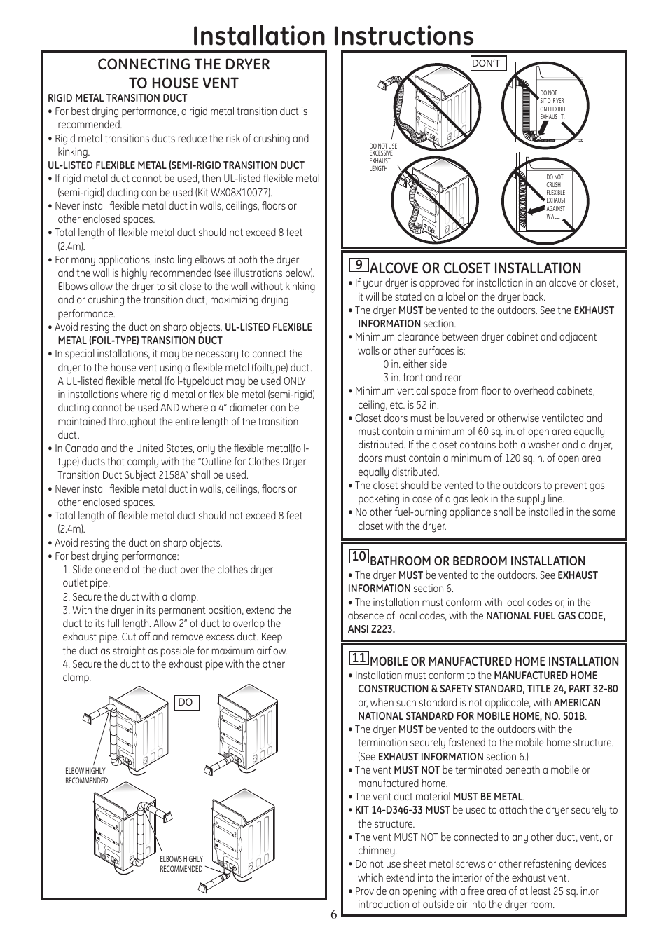 Installation instructions, Connecting the dryer to house vent, Alcove or closet installation | GE PTDS650GMWT User Manual | Page 6 / 9