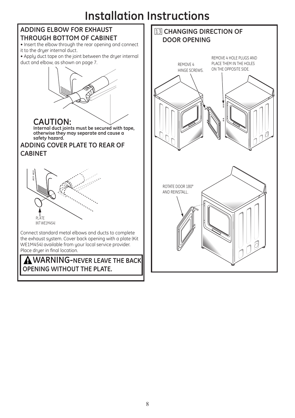 Installation instructions, Warning, Caution | GE PTDS650GMWT User Manual | Page 8 / 9