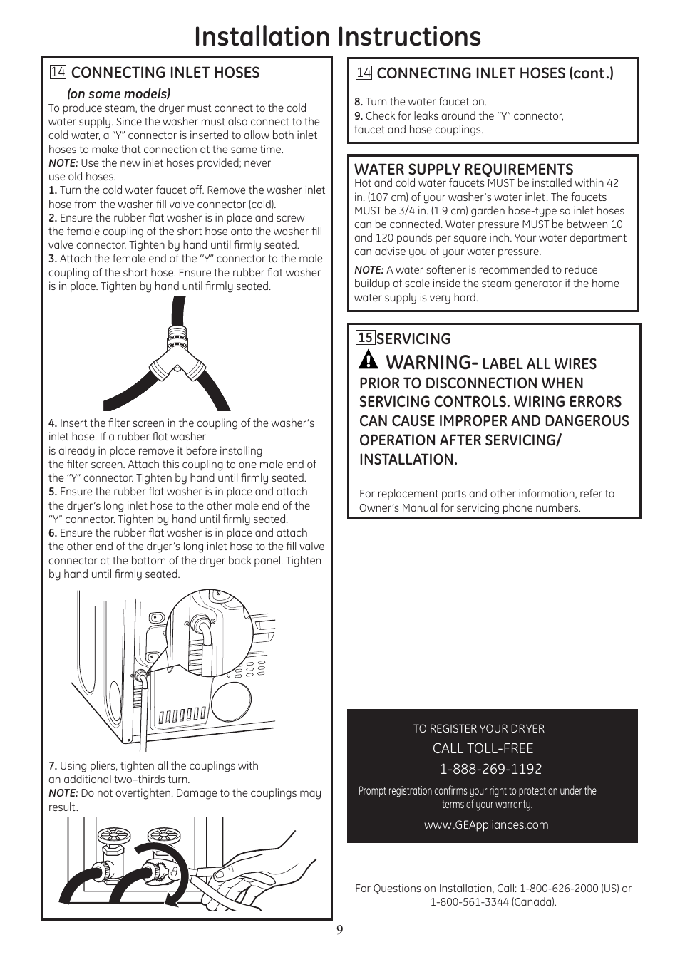 Installation instructions, Warning, Water supply requirements | Connecting inlet hoses, Servicing, Connecting inlet hoses (cont.) | GE PTDS650GMWT User Manual | Page 9 / 9