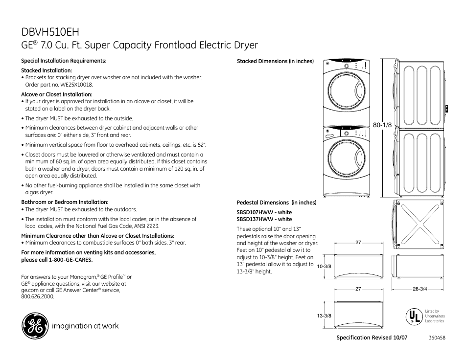 Dbvh510eh, 0 cu. ft. super capacity frontload electric dryer | GE DBVH510EH User Manual | Page 2 / 4