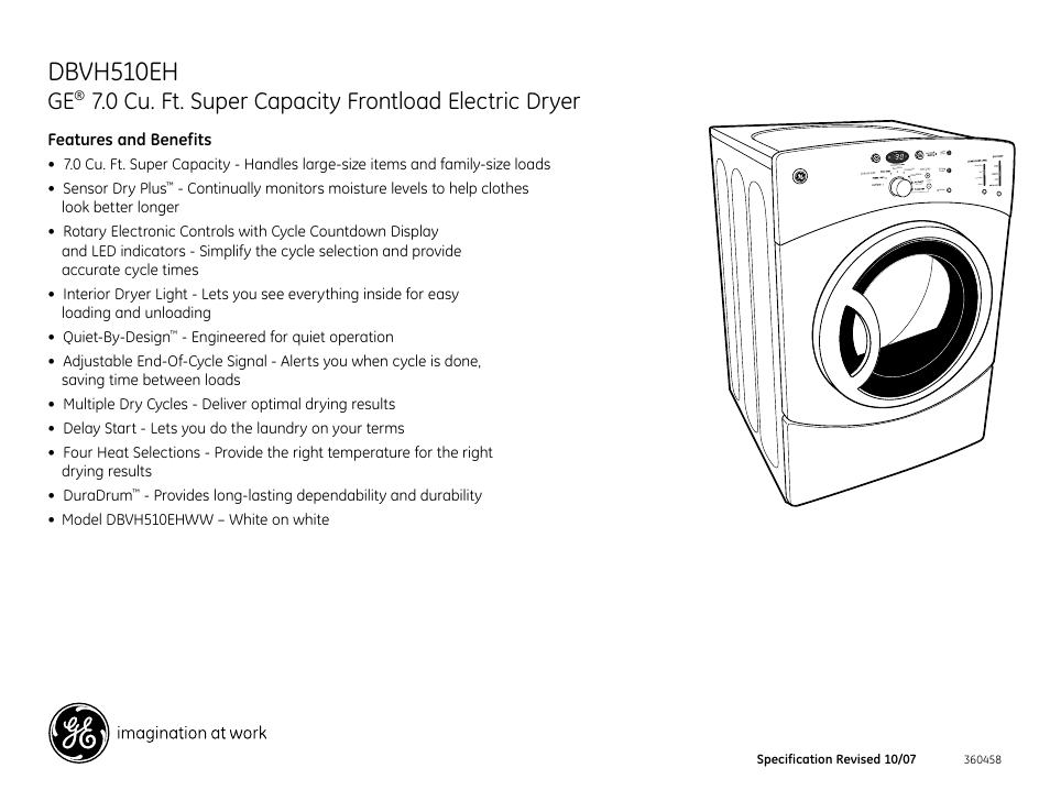Dbvh510eh, 0 cu. ft. super capacity frontload electric dryer | GE DBVH510EH User Manual | Page 4 / 4
