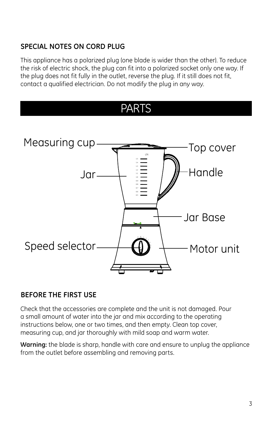 Parts, Before the first use | GE 681131690997 User Manual | Page 3 / 6