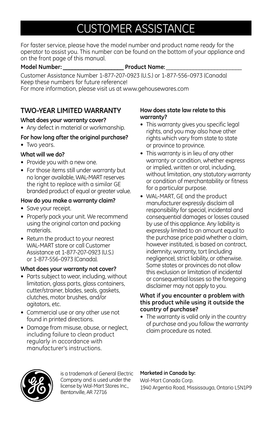 Customer assistance, Two-year limited warranty | GE 681131690997 User Manual | Page 6 / 6