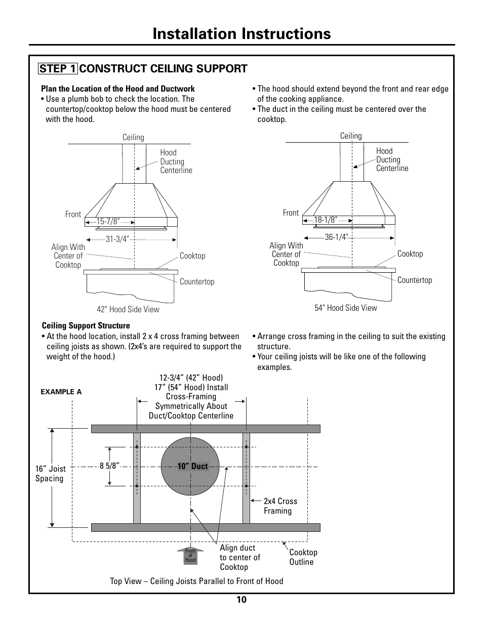 Step 1, construct ceiling support, Step 1, construct ceiling support –12, Installation instructions | Step 1 construct ceiling support | GE ZV541 User Manual | Page 10 / 20