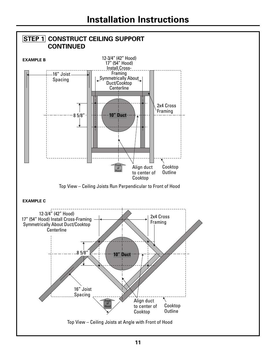 Installation instructions, Step 1 construct ceiling support continued | GE ZV541 User Manual | Page 11 / 20