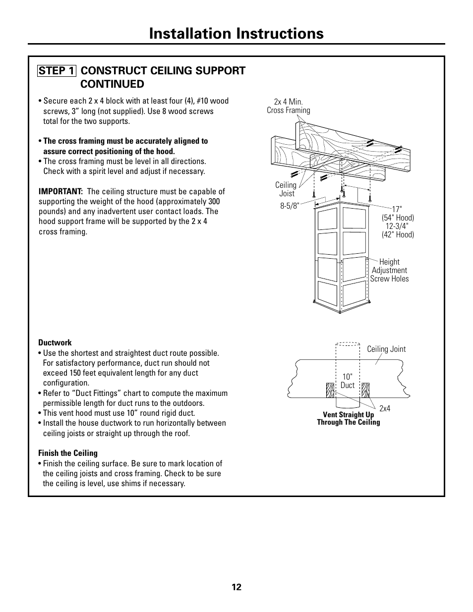 Installation instructions, Step 1 construct ceiling support continued | GE ZV541 User Manual | Page 12 / 20