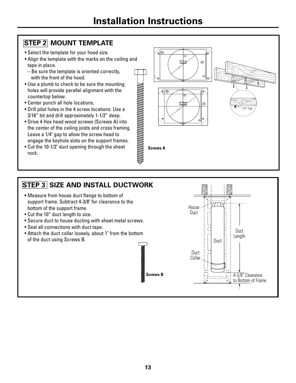 Step 2, mount template, Step 3, size and install ductwork, Installation instructions | Step 2 mount template, Step 3 size and install ductwork | GE ZV541 User Manual | Page 13 / 20