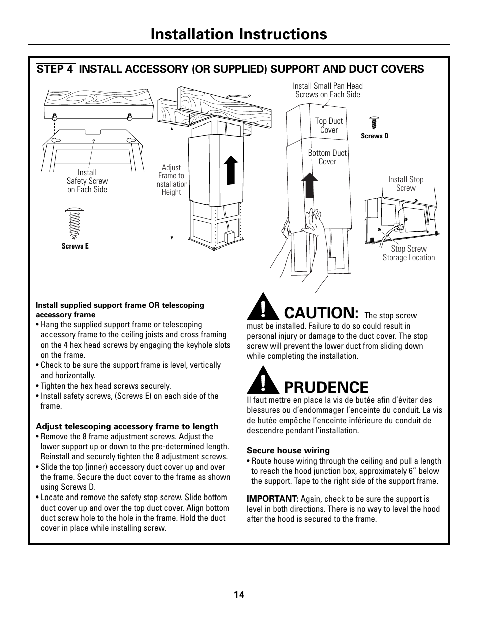 Step 4, install support frame and duct covers, Installation instructions, Caution | Prudence | GE ZV541 User Manual | Page 14 / 20