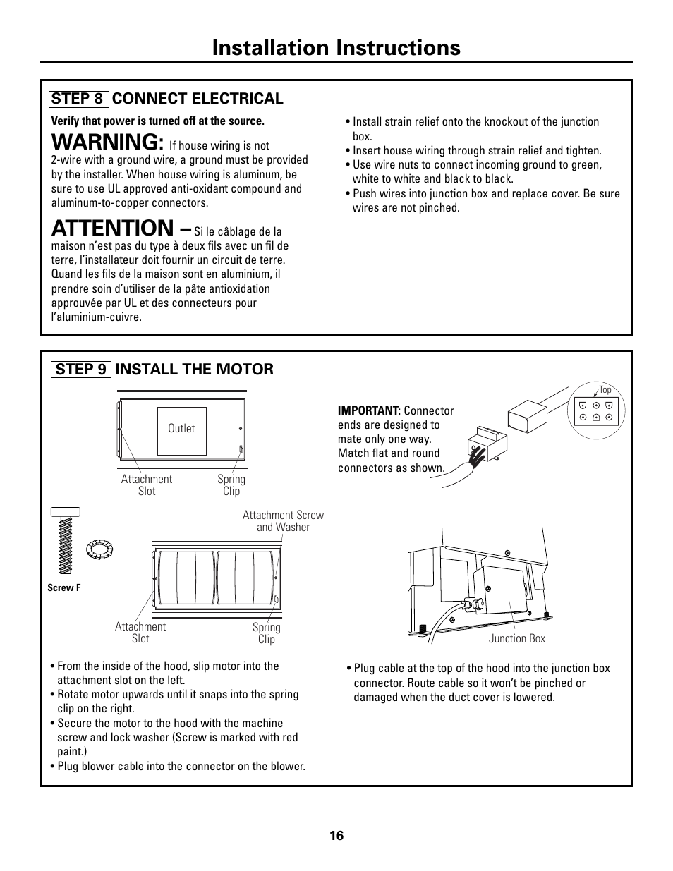 Step 8, connect electrical, Step 9, install the motor, Installation instructions | Warning, Attention | GE ZV541 User Manual | Page 16 / 20