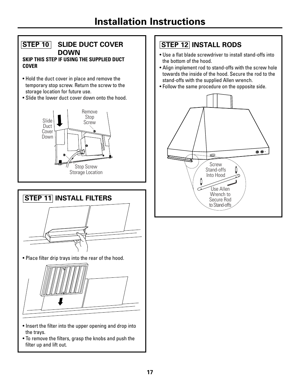 Step 10, slide duct cover down, Step 11, install filters, Step 12, install rods | Installation instructions | GE ZV541 User Manual | Page 17 / 20
