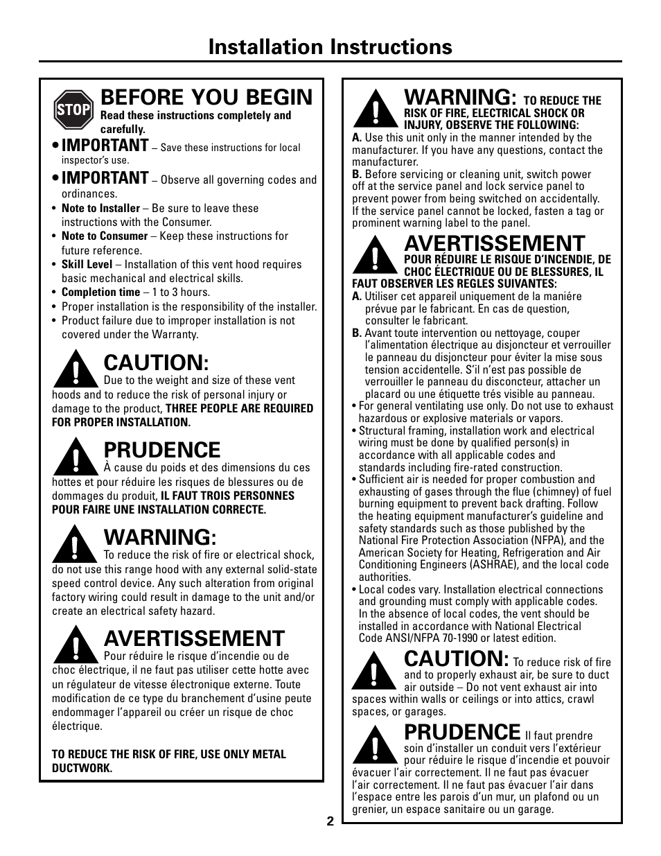 Installation instructions warning, Avertissement, Caution | Prudence, Before you begin, Warning, Important | GE ZV541 User Manual | Page 2 / 20