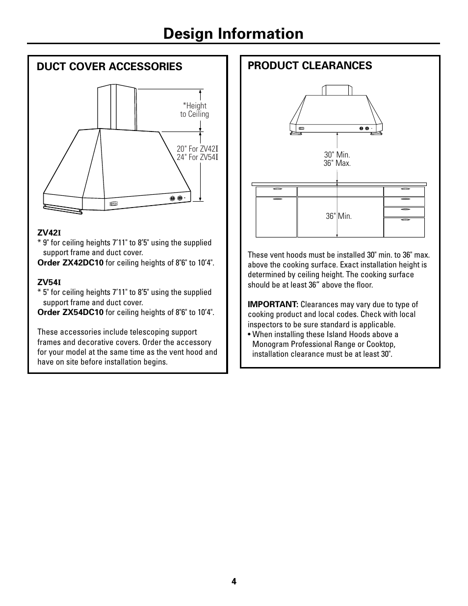 Duct cover accessories, Product clearances, Duct cover accessories product clearances | Design information | GE ZV541 User Manual | Page 4 / 20