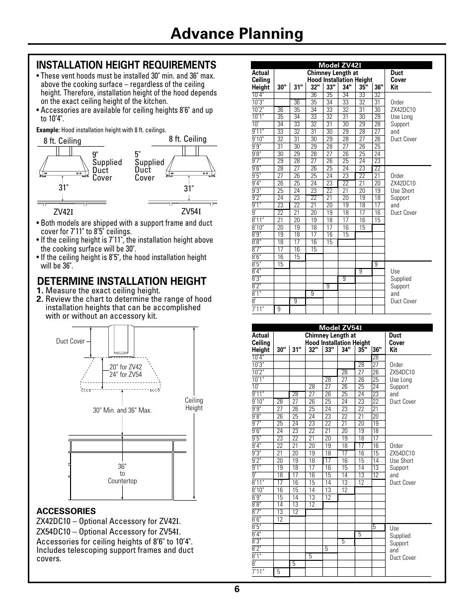 Installation height, Advance planning, Installation height requirements | Determine installation height | GE ZV541 User Manual | Page 6 / 20