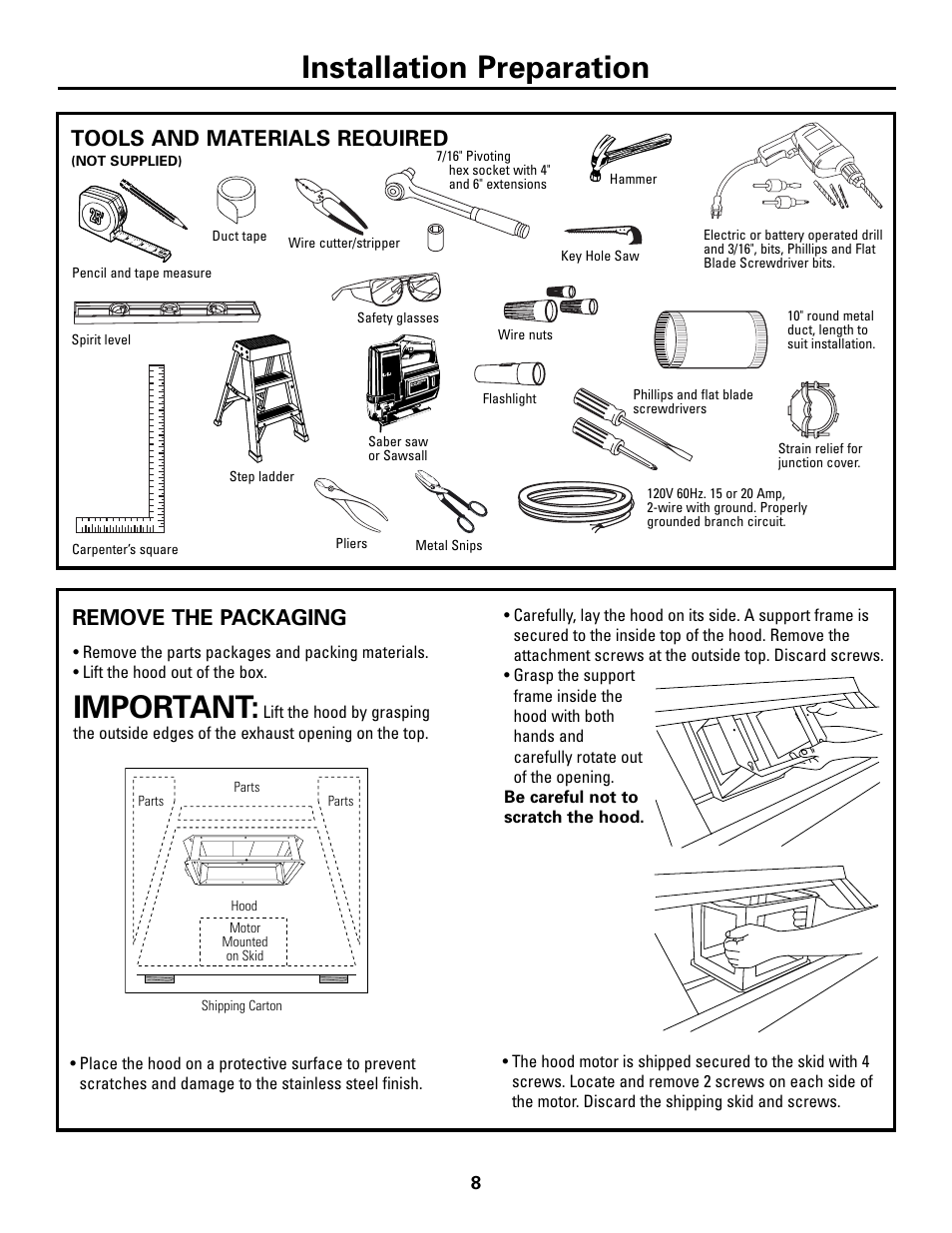 Tools and materials required, Remove the packaging, Tools and materials required remove the packaging | Installation preparation, Important | GE ZV541 User Manual | Page 8 / 20