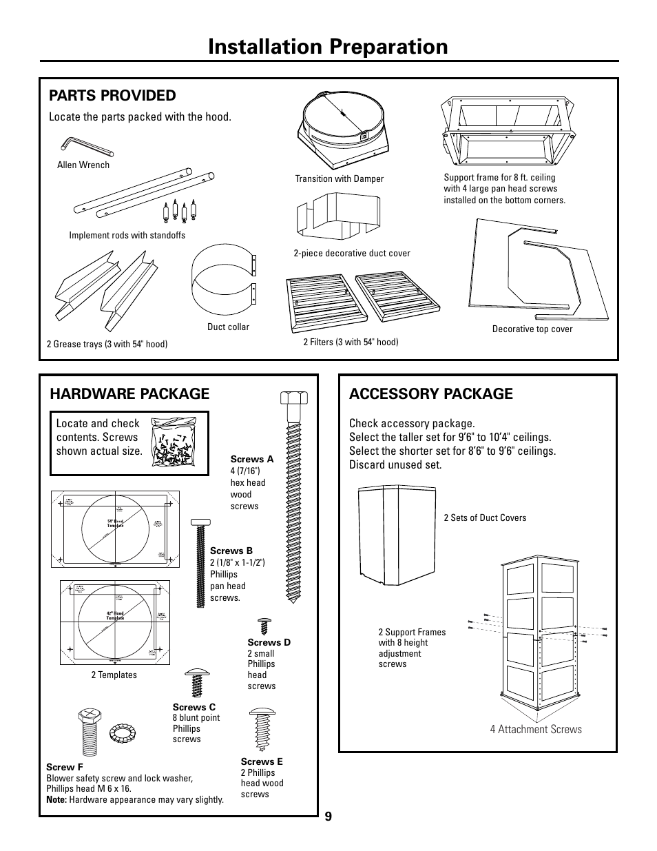 Parts, hardware, accessory packages, Installation preparation, Parts provided | Hardware package, Accessory package | GE ZV541 User Manual | Page 9 / 20