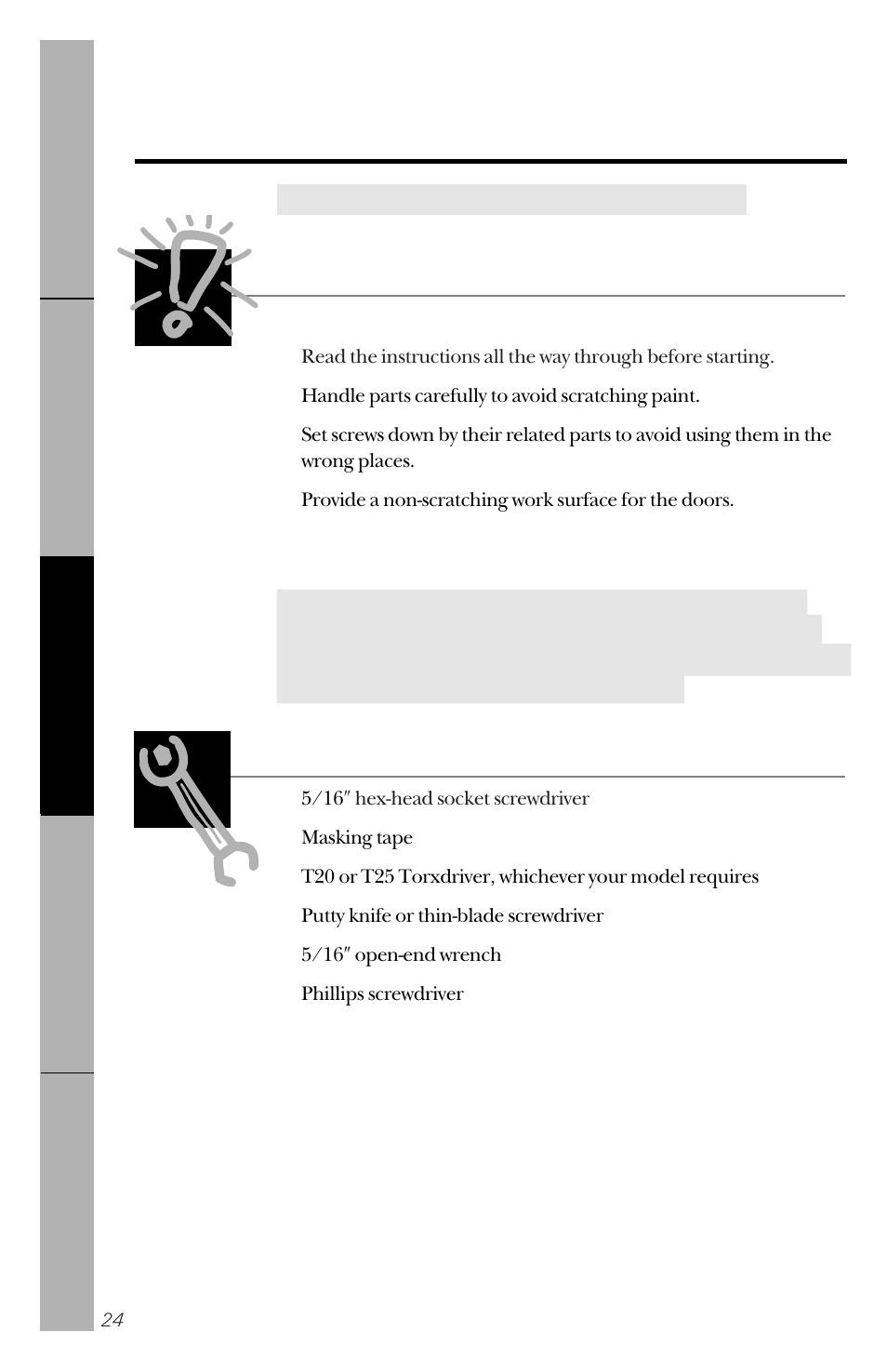 Reversing the door swing, Reversing the door swing –29, Tools required | GE 14 User Manual | Page 24 / 40