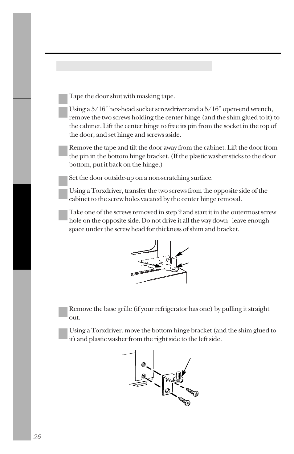 Removing the doors/reversing the hardware | GE 14 User Manual | Page 26 / 40