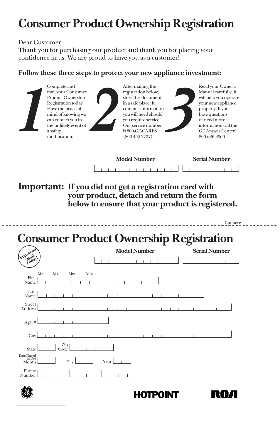 Consumer product ownership registration, Important | GE 14 User Manual | Page 38 / 40