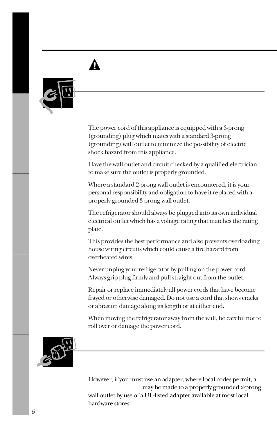 How to connect electricity, Use of adapter plugs, Warning | GE 14 User Manual | Page 6 / 40