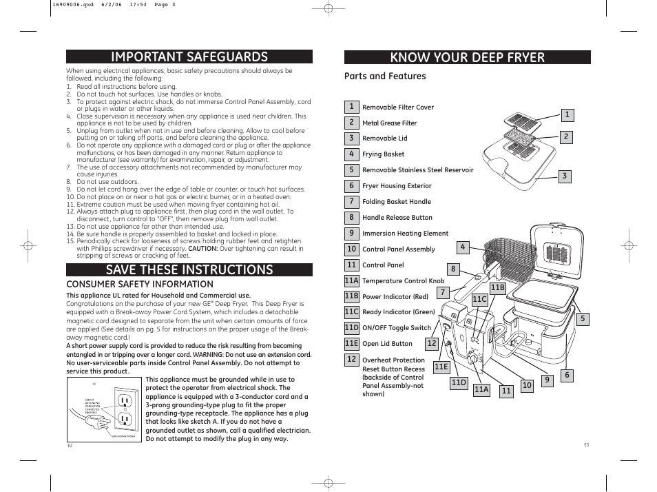 Save these instructions important safeguards, Know your deep fryer | GE 681131690904 User Manual | Page 2 / 6