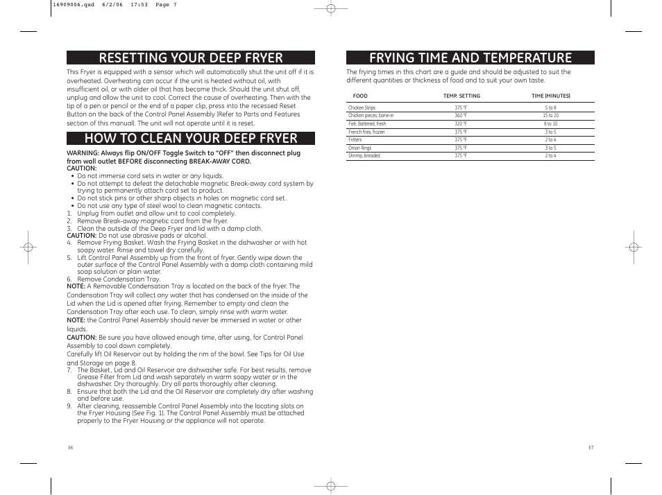 How to clean your deep fryer, Frying time and temperature, Resetting your deep fryer | GE 681131690904 User Manual | Page 4 / 6