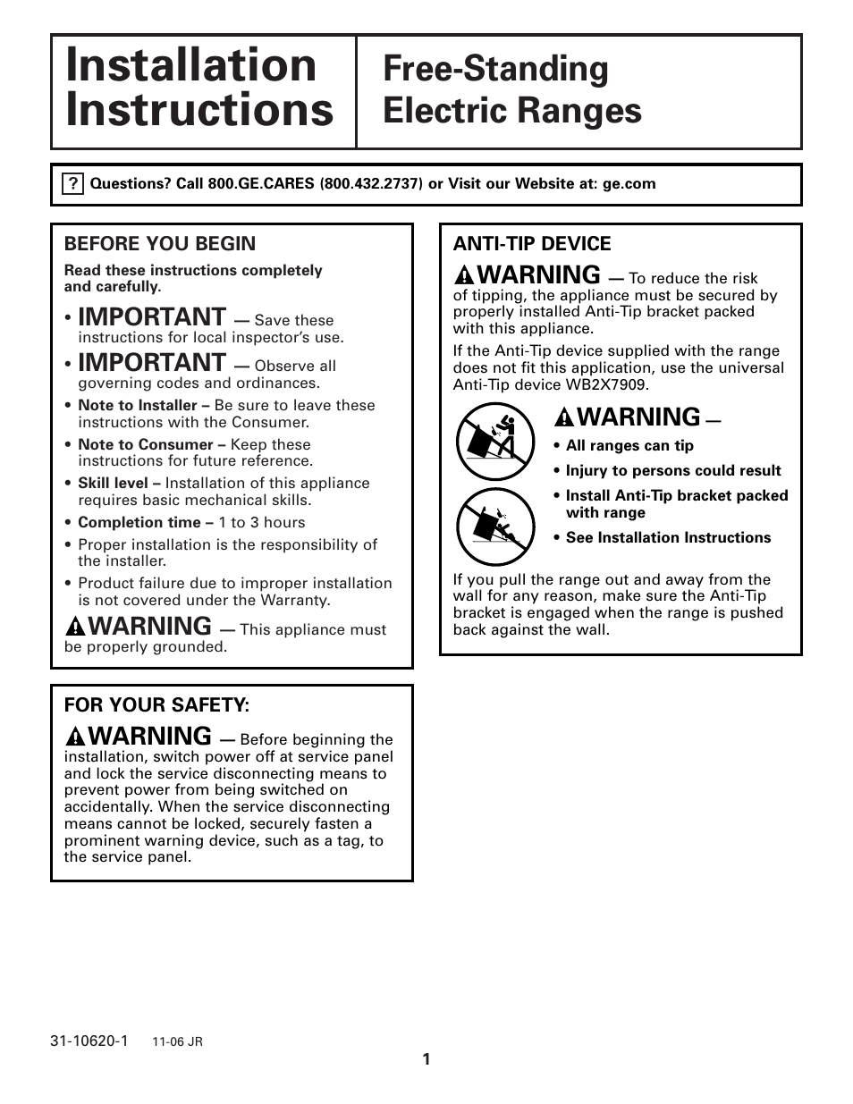 GE Free-Standing Electric Ranges User Manual | 12 pages