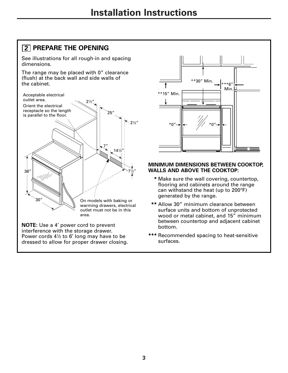 Installation instructions, Prepare the opening | GE Free-Standing Electric Ranges User Manual | Page 3 / 12