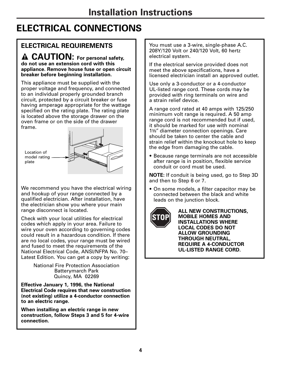 Electrical connections, Installation instructions electrical connections, Caution | GE Free-Standing Electric Ranges User Manual | Page 4 / 12