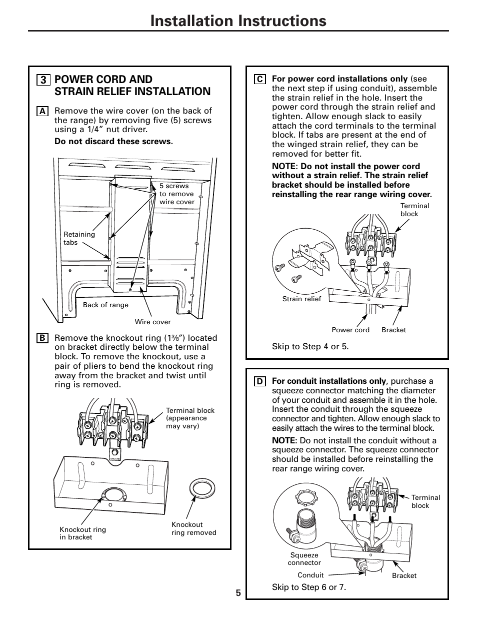 Installation instructions, Power cord and strain relief installation | GE Free-Standing Electric Ranges User Manual | Page 5 / 12