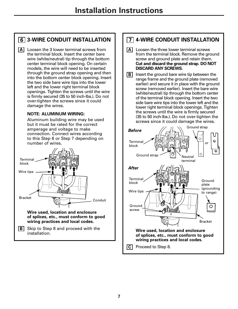 Installation instructions, Wire conduit installation | GE Free-Standing Electric Ranges User Manual | Page 7 / 12