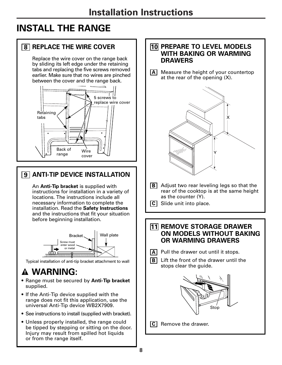 Install the range, Installation instructions install the range, Warning | Anti-tip device installation, Replace the wire cover | GE Free-Standing Electric Ranges User Manual | Page 8 / 12