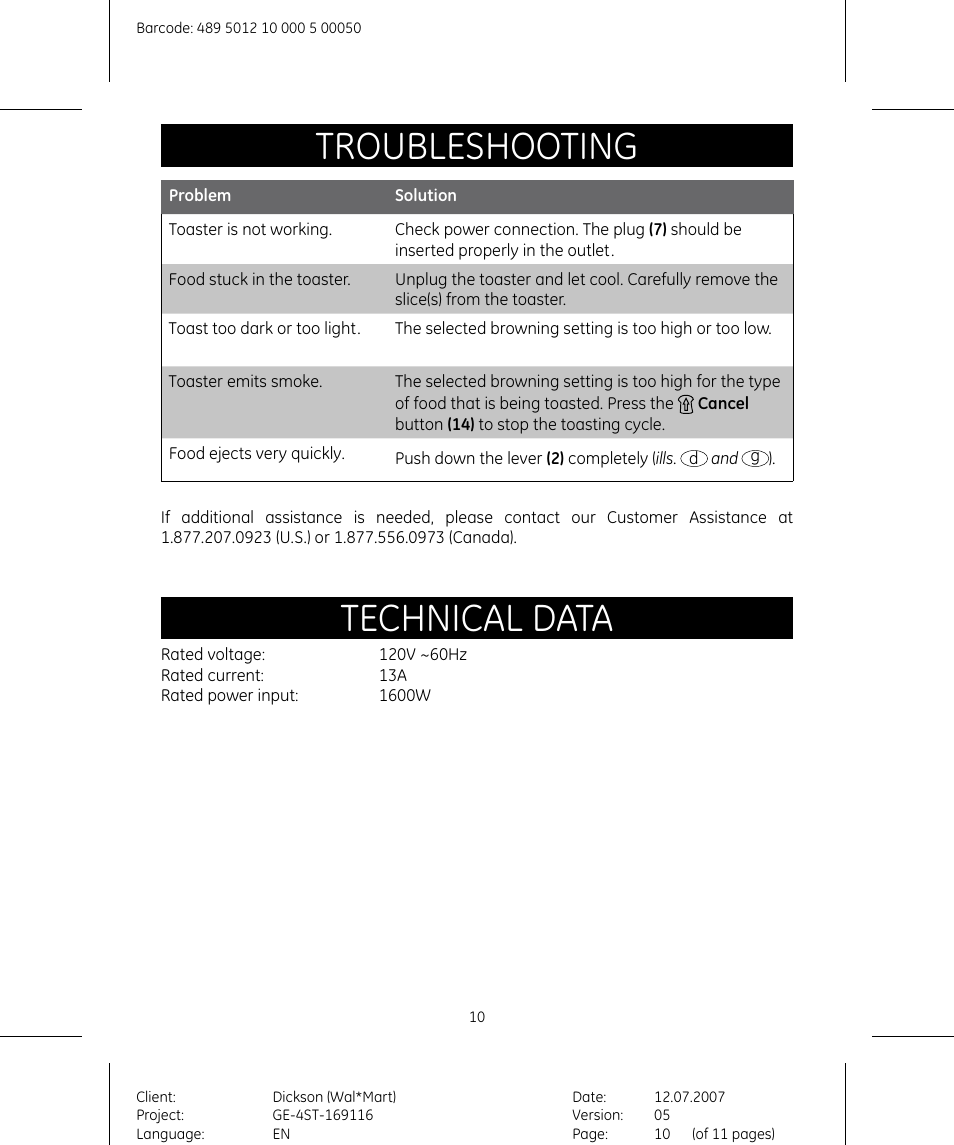 Troubleshooting, Technical data | GE 681131691154 User Manual | Page 10 / 11