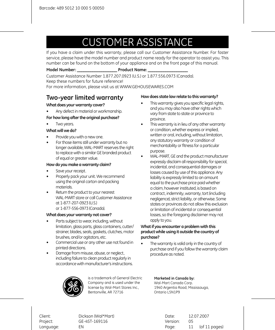 Customer assistance, Two-year limited warranty | GE 681131691154 User Manual | Page 11 / 11