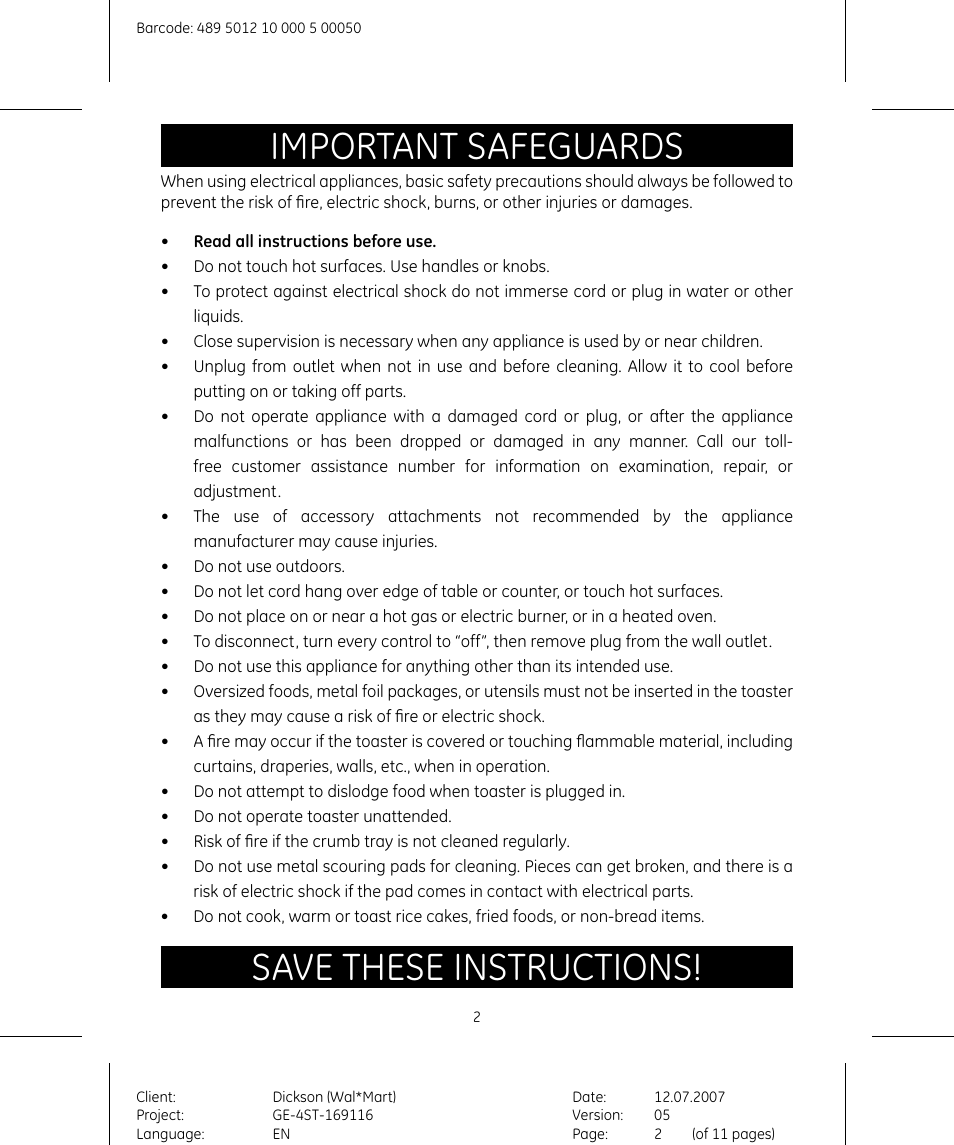 Important safeguards, Save these instructions | GE 681131691154 User Manual | Page 2 / 11