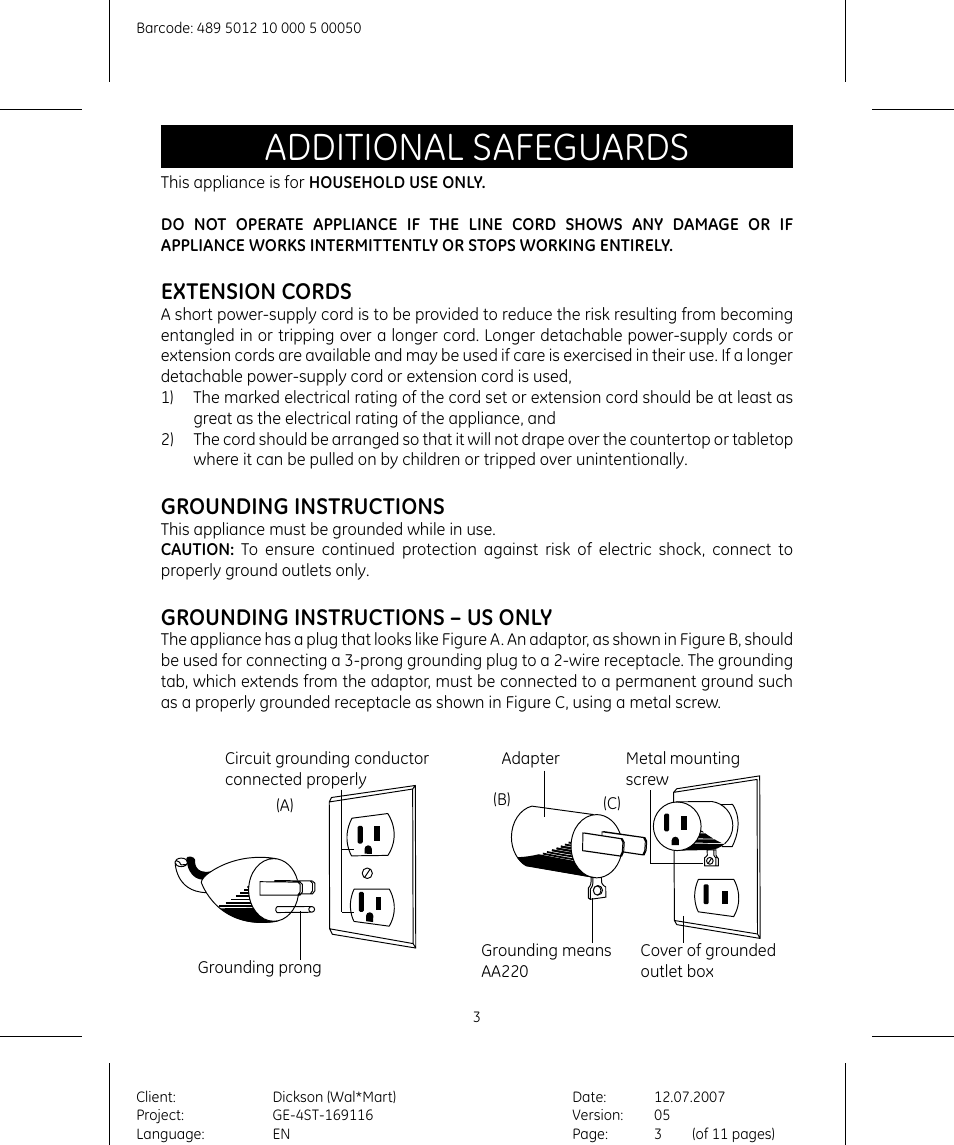 Additional safeguards, Extension cords, Grounding instructions | Grounding instructions – us only | GE 681131691154 User Manual | Page 3 / 11